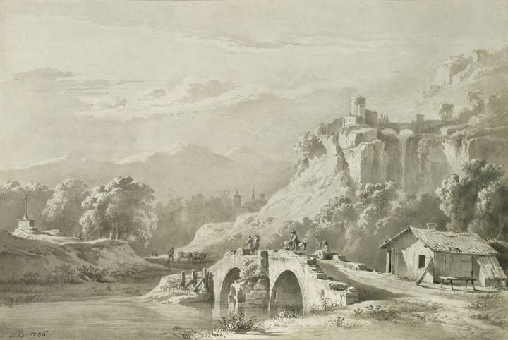 An Extensive Mountainous Landscape with Travellers on a Bridge by a Cottage, a Town seen beyond